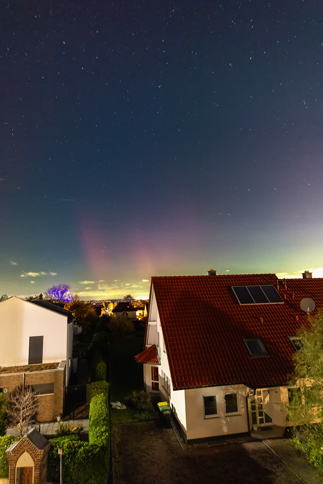 Polarlichter am Abend des 05. November 2023 über dem Vorgebirge (der lila Baum wird angestrahlt, daher die Farbe)